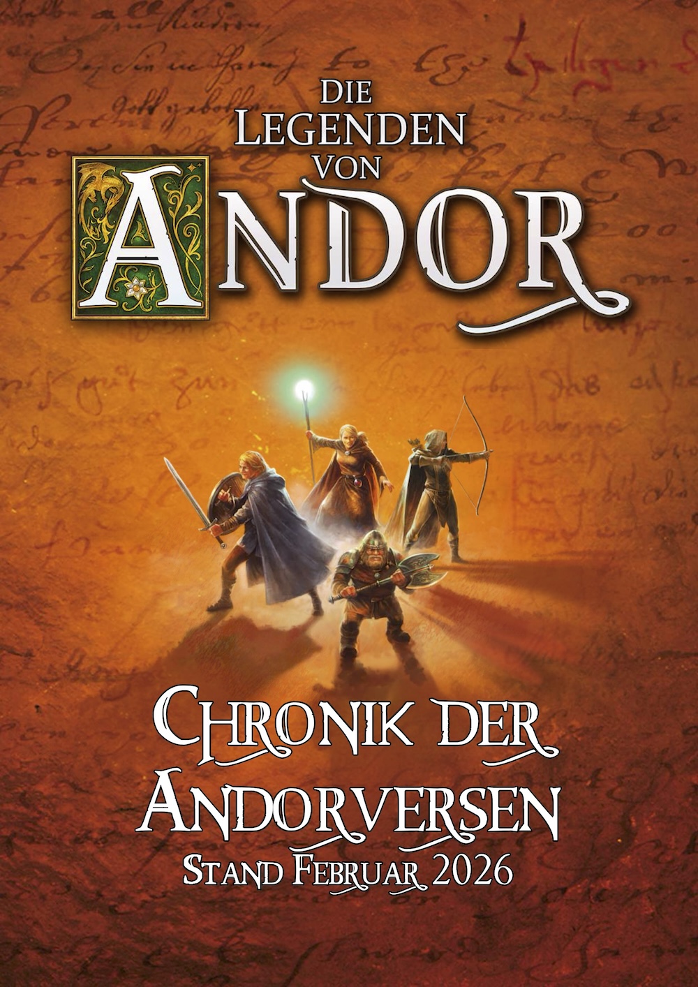 Titelbild von 'Chronik der Andorversen' mit den vier Grundspiel-Held*innen wie auf dem Grundspiel-Cover